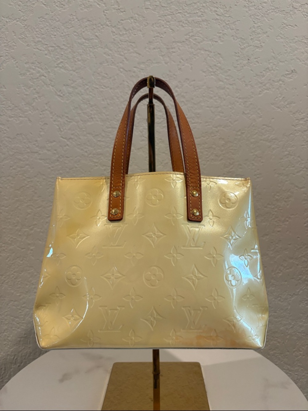 Louis Vuitton Yellow Patent Vernis Monogram Tote with Tan Handles